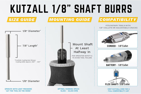 Kutzall Extreme Cylinder Burr, 1/8" Shaft Very Coarse Woodworking Attachment for Dremel, DeWalt