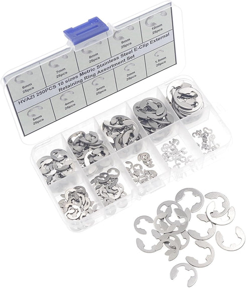 250PCS Stainless Steel E-Clip External Retaining Ring Assortment Set
