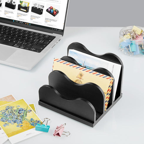 DRASTAR Mail Organizer Countertop, Letter Holder for Desk, 3 Slots Black Small File Holder for Home Office