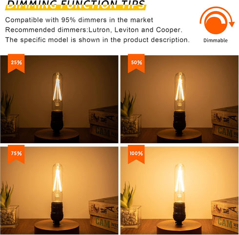 Dimmable Tubular LED Bulb, E26, 2 Pack, T10 T30 Vintage LED Bulbs, 40 Watt Equivalent, 2700K Warm White