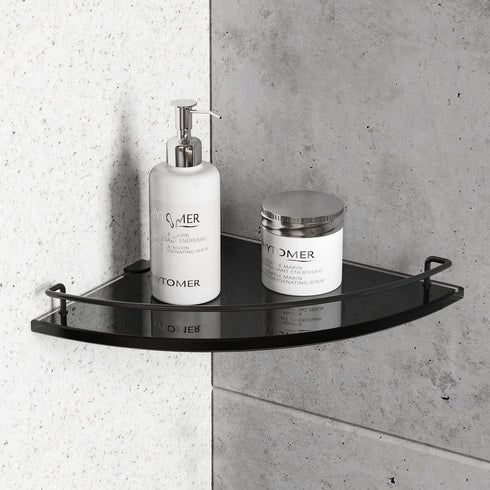 WAKLOND 8MM 304 (1Pack) Black Glass Corner Shower Shelves for Bathroom, Thick Tempered Glass Floating Shelves for Wall