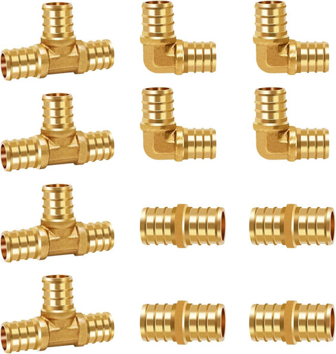 12 Pcs 3/4 inch Brass PEX Fitting, Straight/90 Degree Elbow/Tee Coupling for Water Pipes with Clamp Ring