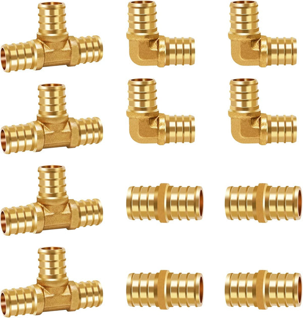 12 Pcs 3/4 inch Brass PEX Fitting, Straight/90 Degree Elbow/Tee Coupling for Water Pipes with Clamp Ring