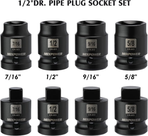 8 1/2-inch Set, MIXPOWER Pieces Drive Pipe Plug Socket SAE, CR-MO, Tapered Male Square Drive, Chamfered Female Square