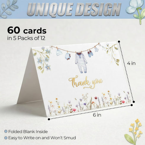 60 Pack 46 Inch Baby Shower Thank You Cards with Envelopes and Stickers - Blue Watercolor Design for Boys - Blank Cards