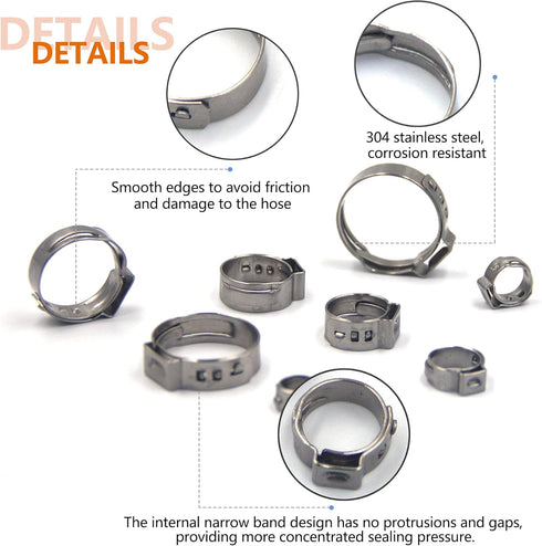 ISPINNER 80pcs 304 Stainless Steel Single Ear Stepless Hose Clamps, 5.8-23.5mm for Automotive Use