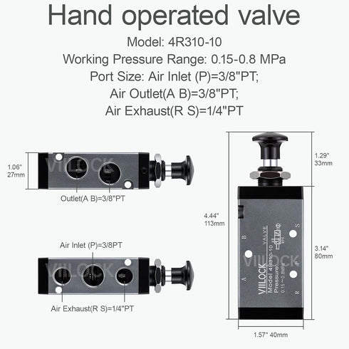 Pneumatic Air Hand Lever Valve, 5 Way 2 Position 3/8”NPT Solenoid Valve Manual Control Push-Pull