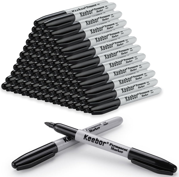 Permanent Markers Black, Bulk 100 Pack Fine Point Permanent Marker Set, Waterproof, Quick Drying Office Supplies