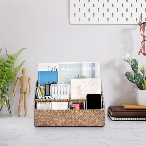 BTSKY Woven Storage Basket - Natural Seagrass Vertical Wicker Baskets with 4 Compartments, Home Office Sorter Rack