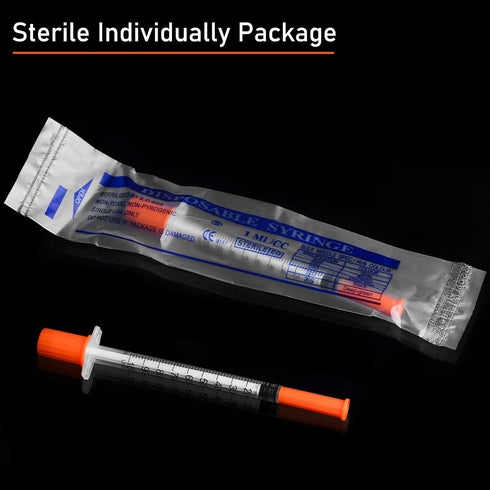 1ml Syringe with Needle, 1cc 30G 1/2 Inch, Individually Wrapped, Pack of 100