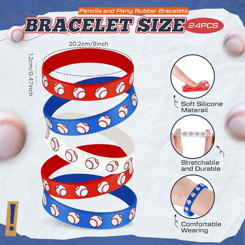 Sabary 48 Pcs Sports Pencils Set, Silicone Bracelets, Soccer, Football, Basketball, Baseball, Birthday Gifts