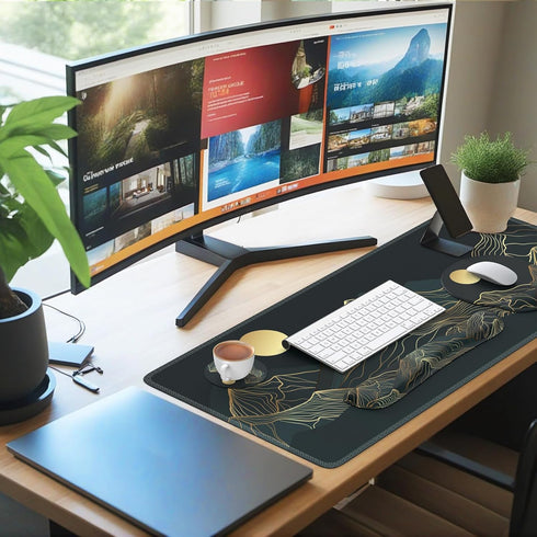iCasso Large Mouse Pad - 4in1 XXL Mousepad + Keyboard Wrist Rest + Coaster Set, Ergonomic Design (Cyan-Mountain)