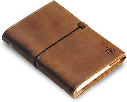 Refillable A5 Leather Binder Journal - 8.5x6" 6 Ring Organizer with Pockets, Hand-Crafted Genuine Leather Folio