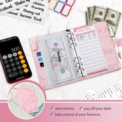 Onlyesh Budget Binder, 28Pcs Cash Envelopes for Budgeting, Marble 6-Ring Money Saving Binder (Pink)