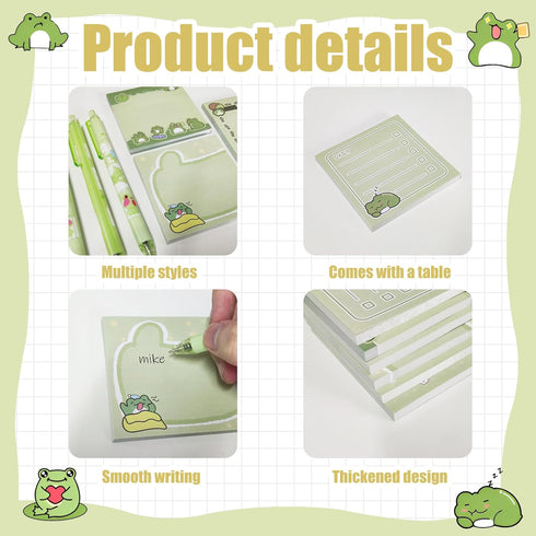 QPEY 300 PCS Frog Sticky Notes with 12 PCS Frog Pens, Frog Self-Stick Notes Pads, 0.5mm Black Gel Ink Pens for Office