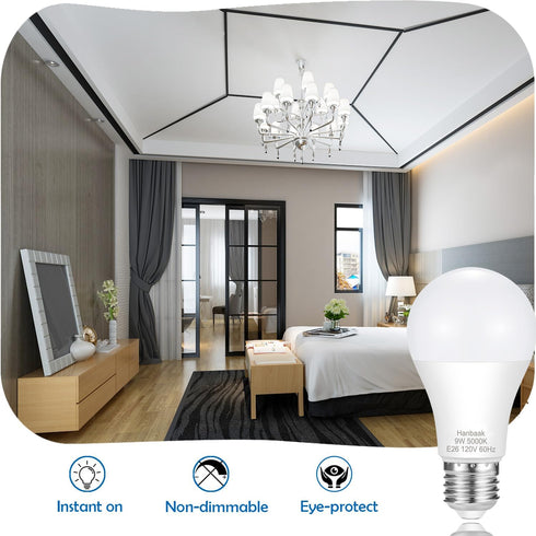 E26 LED Bulb, 60W Equivalent, 9W Medium Screw Base, Non-Dimmable, Daylight White 5000K, 4 Packs