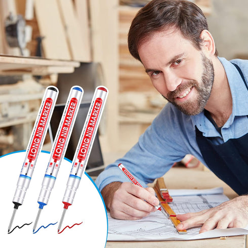 Multi-purpose Deep Hole Marker Pens, Long Nosed Marker for Woodworking, 12 Pieces