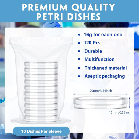 Fabbay 120 Pack Sterile Plastic Petri Dishes with Lids, 90 x 15 mm Deep Clear Lab Dishes for Science Projects