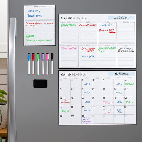Cinch Magnetic Calendar Bundle: 3 Boards of 17"x12" - Monthly, Weekly, Daily - Magnetic Calendar for Fridge with 6 Fine