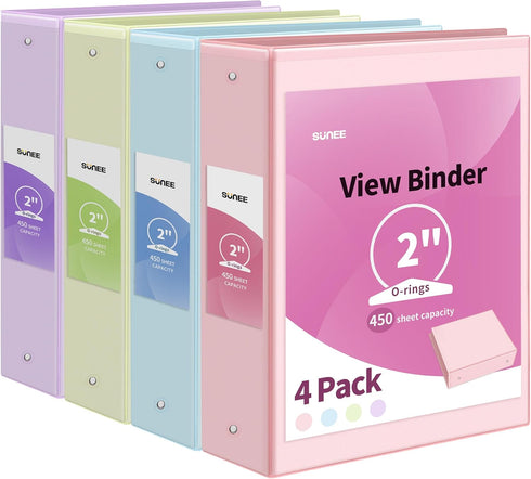 SUNEE 3 Ring Binder 2 Inch, 4 Pack Clear View Binders for School or Office Supplies, PVC-Free, Fit 8.5x11 Inches
