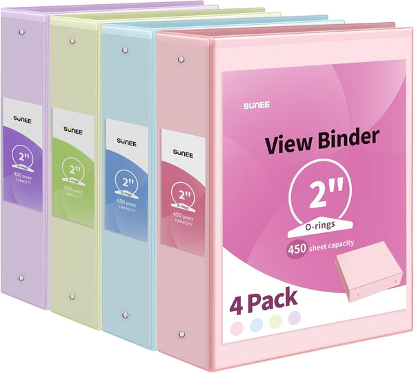 SUNEE 3 Ring Binder 2 Inch, 4 Pack Clear View Binders for School or Office Supplies, PVC-Free, Fit 8.5x11 Inches