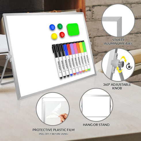 Dry Erase White Board, 16inX12in Large Magnetic Desktop Whiteboard with Stand, 10 Markers, 4 Magnets, 1 Eraser, Portable Double-Sided White Board Easel Memo to Do List Desk School by RIANEAN