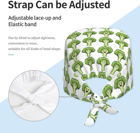 Nurse Scrub Cap Men Women with Buttons - Cute Cartoon Cauliflower Print Soft Comfy Surgical Cap, Adjustable Tie Back
