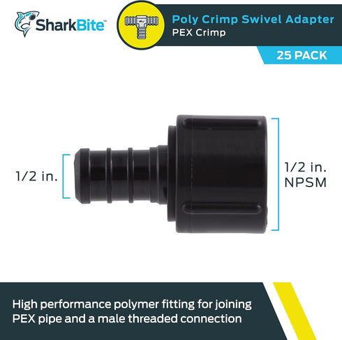 SharkBite 1/2 Inch Poly Crimp Swivel Adapter, Pack of 25 for PEX Pipe, PE-RT