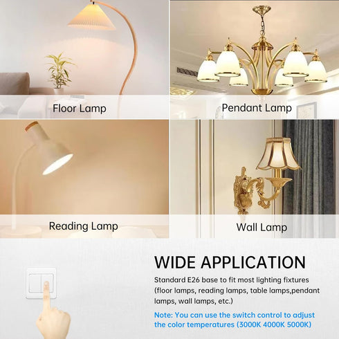 A19 3-Color LED Light Bulbs, Warm White, Daylight, Natural White, 9W (60 Watt Equivalent), 800 Lumen, E26 Base, 4 Pack