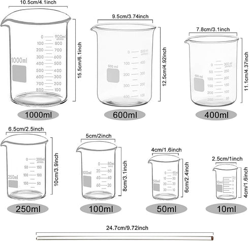Graduated Glass Measuring Low Form Beaker Set, 10ml 50ml 100ml 250ml 400ml 600ml 1000ml