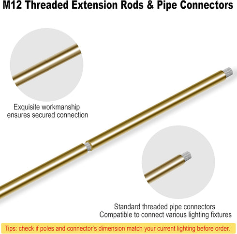 MAYOMAJO M12 Threaded Extension Poles Lighting Fixture Downrods Stems for Pendant Light, Island Lighting, Chandeliers
