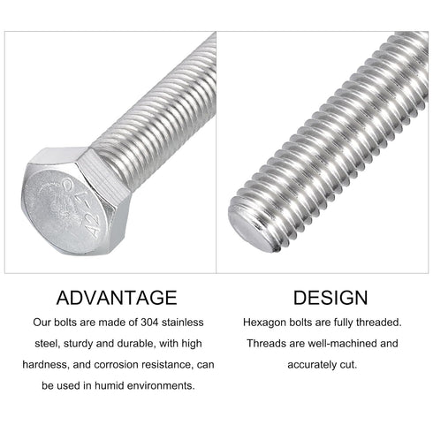 Hex Bolts (M12-1.75x100mm) 2Pcs, 304 Stainless Steel Coarse Fully Threaded Hex Head Screw Bolts for Furniture
