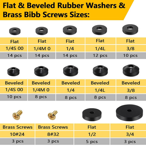 NBRINGO 160 (14 Pieces Hose Bib Washer & Faucet Washers Assorted Kit Sizes) - Includes Hose Gaskets, Flat & Beveled