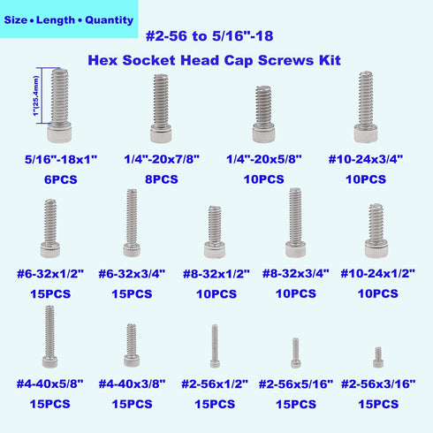 #2-56 to 5/16"-18 UNC Stainless Steel Hex Socket Head Cap Screws/Bolts Assortment Kit