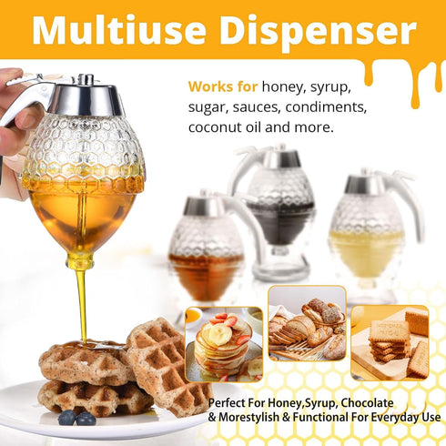 ANABIUP 8 Glass Honey Dispenser Ounces - Drip-Free Honey Jar With Glass Stand, Kitchen Leak-Proof Syrup Dispenser