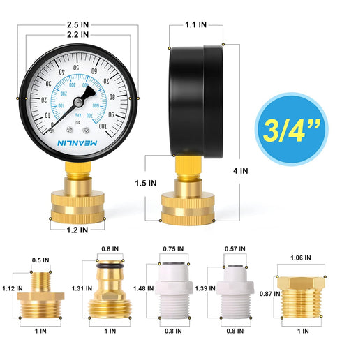 MEANLIN MEASURE 0~100Psi 3/4" Female Water Pressure Kit with 5 Adapters, Multi-Purpose Pressure Gauge for Gardens
