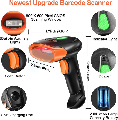 KUIIYER 2D 1D 800 600 CMOS Wireless Barcode Scanner, QR Bar Code Scanners Handheld Barcode Reader with Updated X Pixel