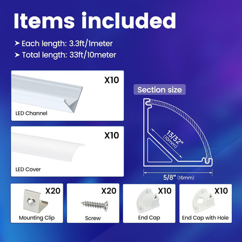 10Pack 3.3FT/1M V1SW 1M Muzata V Shape LED Channel Silver Aluminum LED Strip Diffuser Channel with Milky White Cover