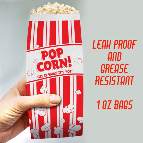Retro Popcorn Bags 25 Pack, Grease Resistant Single Serving 1oz Paper Sleeves in Nostalgic Red/White Design