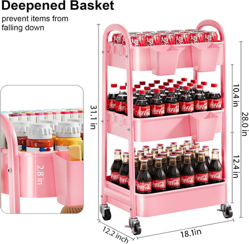 Osivaex 3 Tier Rolling Storage Cart Metal with Wheels, Pink Three Tiered Craft Cart Organizer on Wheels, Utility Carts