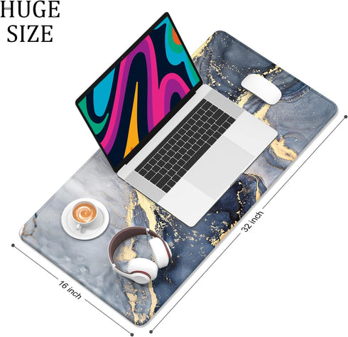 Large Desk Mat - 32" x 16" XXL Extended Gaming Mouse Pad, Cute Blue Gray Marble Design