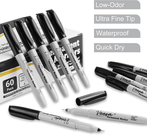 Permanent Marker, 60 Pack Ultra Fine Point, Quick-Drying Ink for Plastic, Wood, Stone, Metal, Glass
