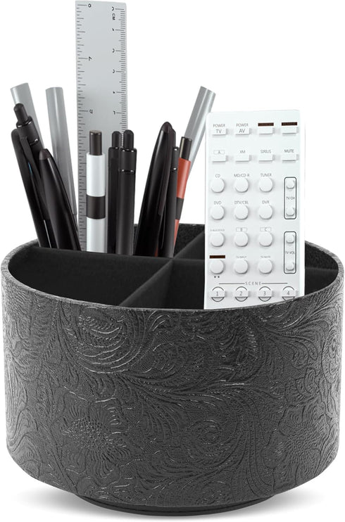 lizimandu Round Leather Art Supply Organizer, 360 Degree Spinning Pencil Holder, Multi-Functional Desktop Stationary