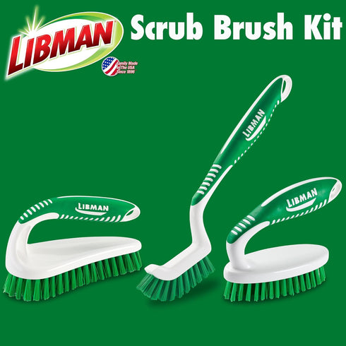 Libman Scrub Brush Kit Three Different Durable Brushes for Grout, Tile, Bathroom, Kitchen. Easy to Handle, Strong Fibers for Tough Messes Family Made in the USA, Unisex Lot 2406 by Libman