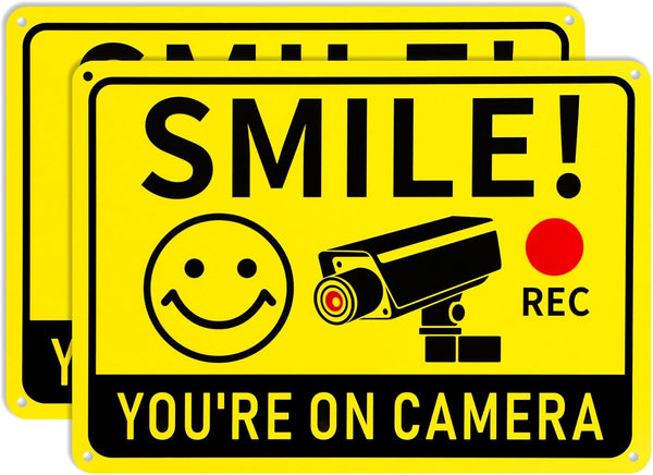 2 Pack Smile You're on Camera Signs Video Surveillance Signs Outdoor, 10"x7"