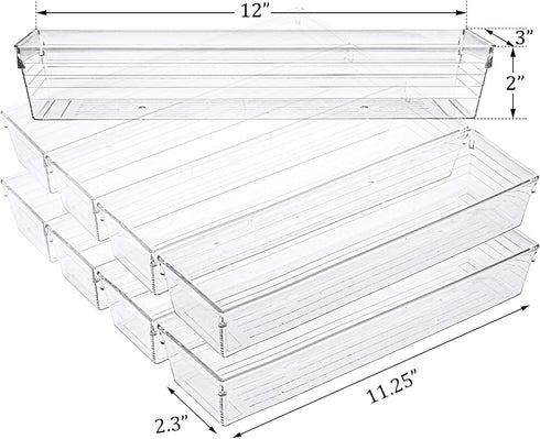 Kingrol 10 Pack Clear Drawer Organizer Trays, 12 x 3 x 2 Inch Storage Bins for Kitchen, Bathroom, Office