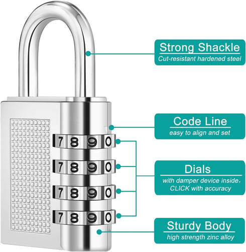 ZHEGE 4 Digit Padlock for Gym Locker, School, Employee, Outdoor, 2 Pack, Silver