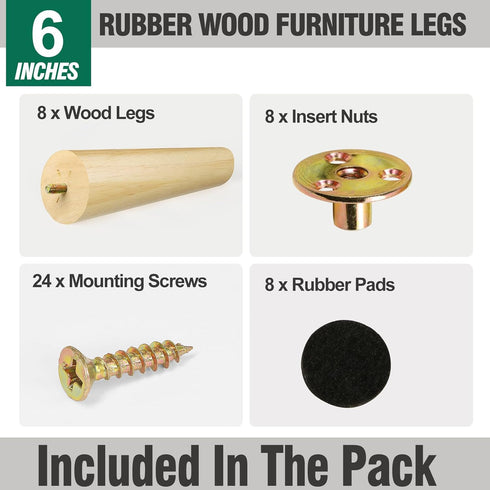 FoDau770 6 Inches, Set 8, 5/16" Rubber Wood Furniture Legs Slant Tapered Wood Feet Mid Century Sofa Legs of UNC