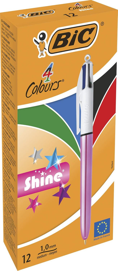 BIC 4 Colours Shine Ballpoint Pens - Box of 12, Metallic Pink Body with 4 Ink Colours