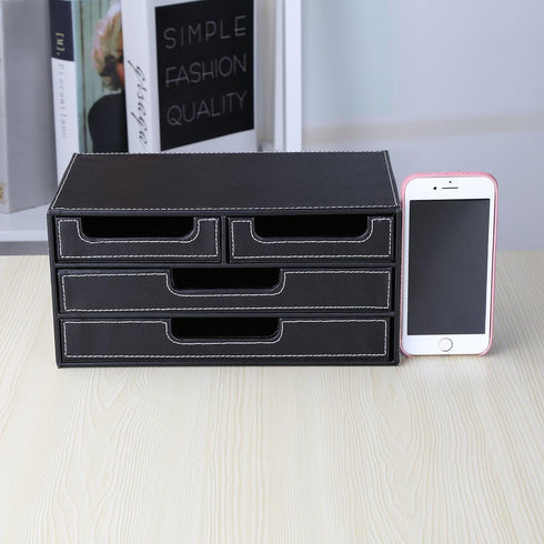KINGFOM PU Leather Desk Organizer with 4 Drawers, Small Desktop Organizer for Office Supplies